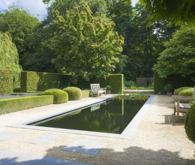 Zwemvijver in tuin met vormsnoei aangelegd door Dhaenens